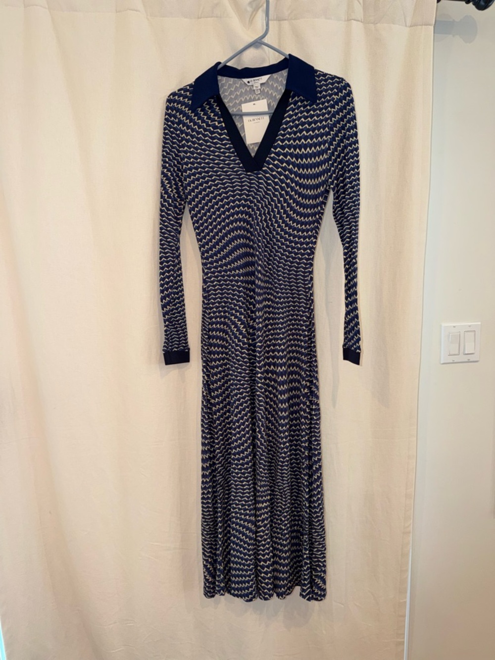 LK Bennett Navy and White Long Sleeve Knit Collared Dress